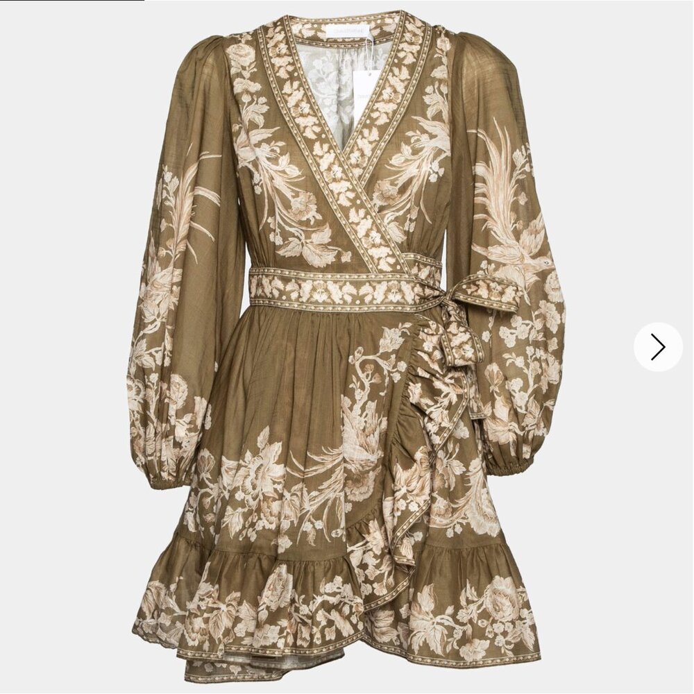 Zimmermann Olive Green Floral Printed Cotton Mini Anneke Wrap Dress